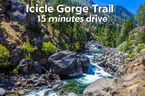 a river in the mountains with the words ladies gorge trail minutes drive at Snowcreek Suite - Fir in Leavenworth