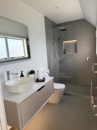 a bathroom with a sink and a toilet and a shower at Sunny St Heliers in Auckland