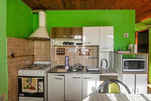a small kitchen with white cabinets and green walls at Tu refugio en Caleta Olivia in Caleta Olivia