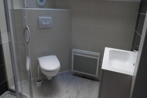 Un baño con inodoro, lavabo y ducha. en Chorges Lakeside Stay with a Fireplace, en Grand PrÃ©