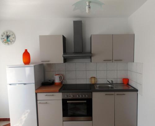 eine Küche mit einem weißen Kühlschrank und einer Spüle in der Unterkunft Apartments Lalić in Vir