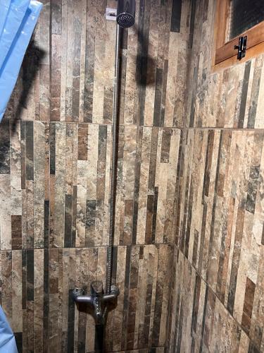 a bathroom with a shower with a wooden wall at Wayra del Cerro in Purmamarca