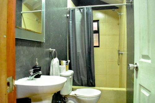 une salle de bain avec un lavabo, des toilettes et une douche dans l'établissement Cabaña Parcela Nativo, à Los Álamos