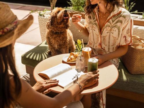 two women sitting at a table with a dog at Balfour Miami Beach, a Morgans Originals hotel in Miami Beach