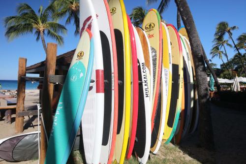 a row of surfboards are lined up on the beach at ❤PiH❤MAUNA KEA DREAM We ︎ Families Private Heated PoolSpa Stunning Views in Hapuna Beach