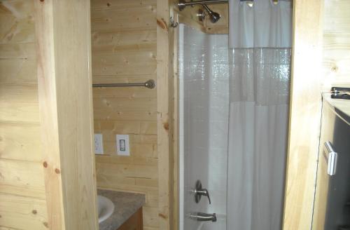 a bathroom with a shower and a sink at Yosemite Lakes Cottage 49 in Harden Flat