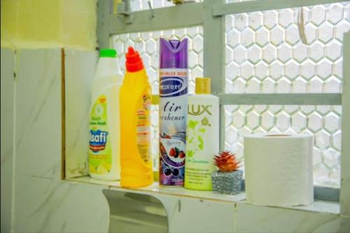 a shelf with bottles of cleaning products on it at Glisten Studio with free WIFI and Netflix in Nanyuki