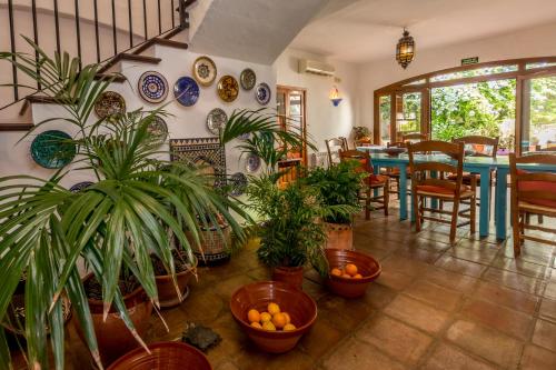 a room with potted plants and plates on the wall at Hotel Los Castaños in Cartajima