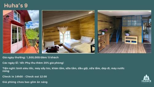 a collage of two pictures of a room with a bed at Huha's Farmstay Đà Lạt in Lạc Dương