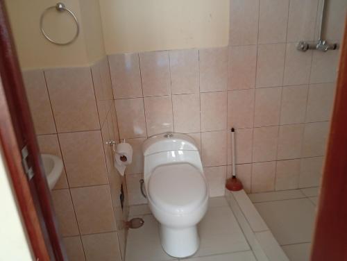 a small bathroom with a toilet and a shower at Glamping Machupicchu Lodge in Santa Teresa
