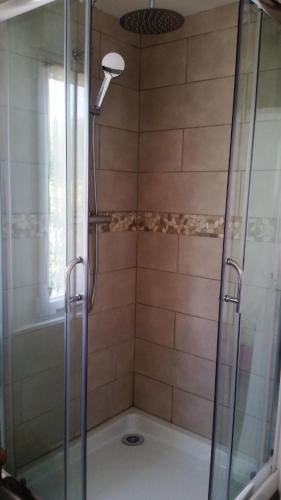 une cabine de douche avec une porte en verre et une douche. dans l'établissement Les Trois Roses, à Abbeville