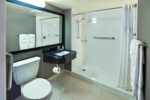 a bathroom with a white toilet and a shower at Comfort Inn in Truro