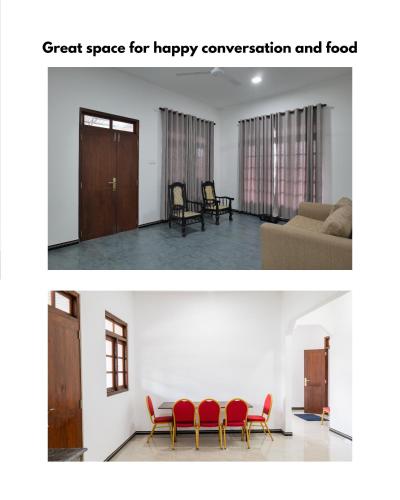a living room with red chairs and a couch at Sakura Stays in Nawalapitiya