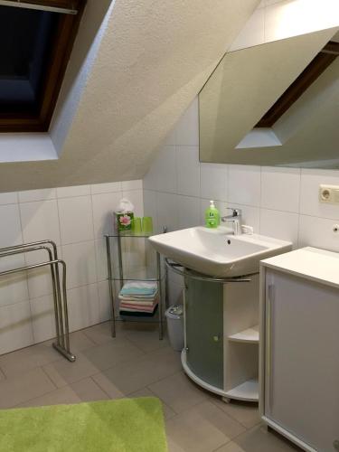 a bathroom with a sink and a green rug at Ferienwohnung Tina in Pirna