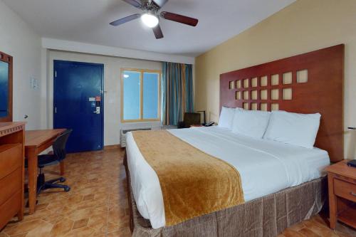 a hotel room with a bed and a desk and a desk at Rodeway Inn & Suites Fort Lauderdale Airport & Cruise Port in Fort Lauderdale