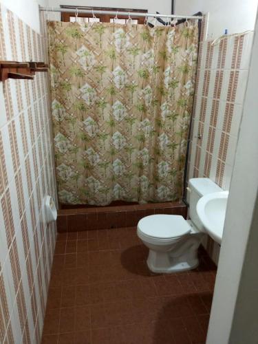 a bathroom with a toilet and a shower curtain at Ecoposada Quinta Le Palme in Chichiriviche
