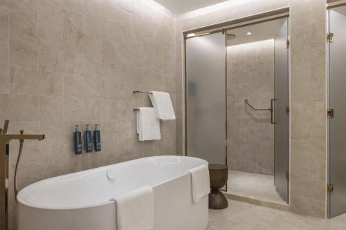 a bathroom with a bath tub and a shower at Hilton Istanbul Bosphorus in Istanbul