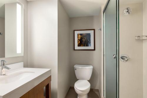 a bathroom with a toilet and a sink and a shower at Hyatt Place Keystone - Dillon in Keystone