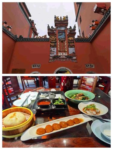 a collage of two pictures of food on a table at Dori1993 Hotel in Changsha