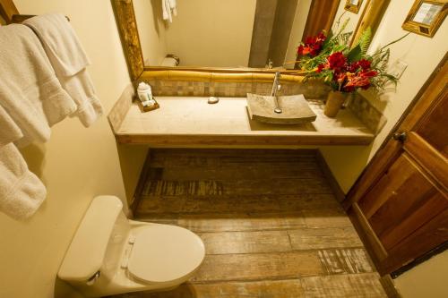 a bathroom with a sink and a toilet and a mirror at Lost Iguana Resort and Spa in Fortuna