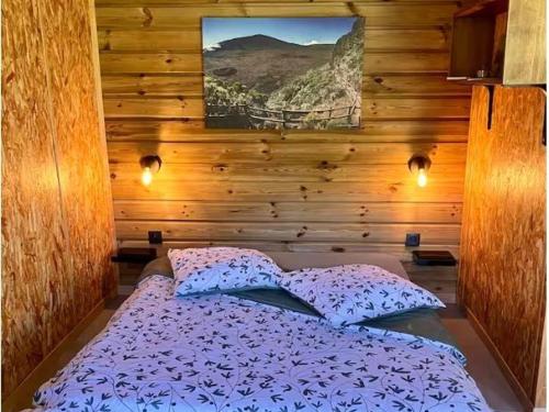 a bed in a room with a wooden wall at Gîte Le Prunier à Le Tampon - FR-1-786-65 in Maison de lʼEnfance