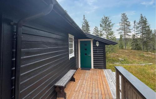 a black building with a green door and a wooden porch at Nice Home In Østby With House A Panoramic View in Østby