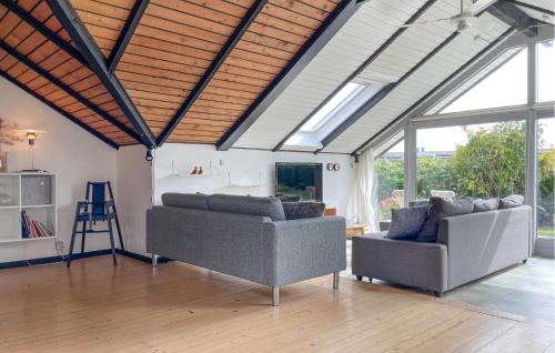 a living room with two couches and a wooden ceiling at Awesome Home In Tranekær With Wifi in Tranekær