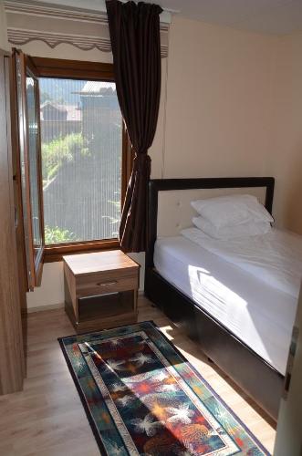 ウズンギョルにあるVilla Tapanozのベッドルーム1室(ベッド1台、窓、ラグ付)