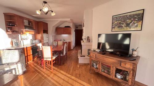 een woonkamer met een flatscreen-tv op een houten entertainmentcentrum bij Maisonette on the slope in Manastir 3 in Pamporovo