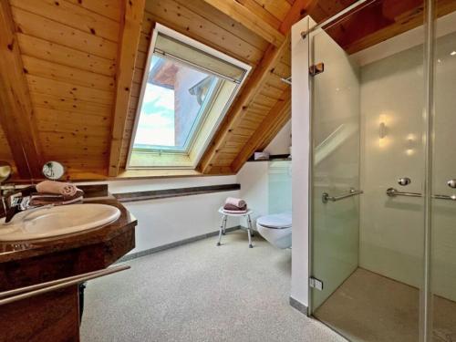 a bathroom with a shower and a sink and a toilet at Ferienhaus Bührer in Freiamt