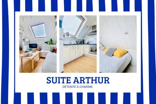 a collage of photos of a kitchen and a living room at Suite Arthur - Détente & Charme in Bray-Dunes