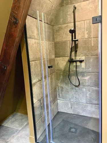 a shower with a glass door in a bathroom at Chalet AbA, proche Luchon in Cierp