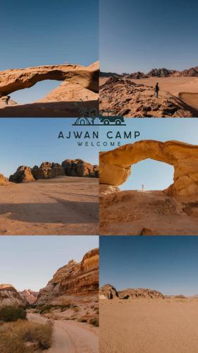 a group of four pictures of an arch in the desert at WADI RUM AJWAN lUXURY CAMP in Wadi Rum
