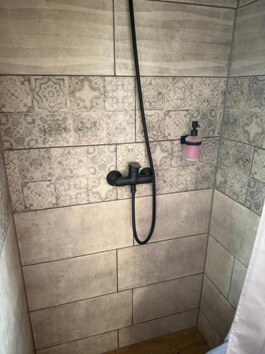 a shower with a shower head and a pink cup at Maringotka Květuška ubytování na farmě in Pulečný