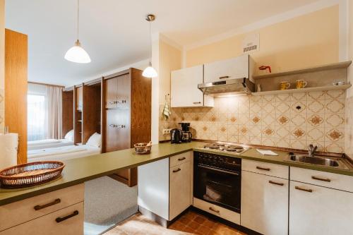 a kitchen with a sink and a stove top oven at Ferienwohnungen Biermeier in Bad Birnbach