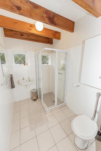 a white bathroom with a shower and a toilet at Protea Garden Cottage in Stellenbosch