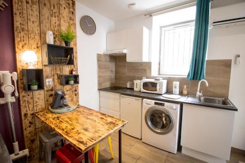 une cuisine avec une machine à laver et un évier dans l'établissement Calme en centre ville, appartement 50m de la Place Carnot, à Carcassonne