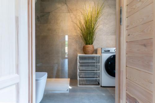 a laundry room with a washing machine and a plant at Polna Osada Nadkole in Nadkole