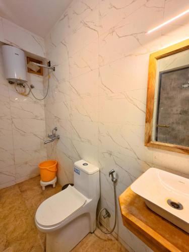 a bathroom with a white toilet and a sink at Thar Tribe Hostel Jaisalmer in Jaisalmer