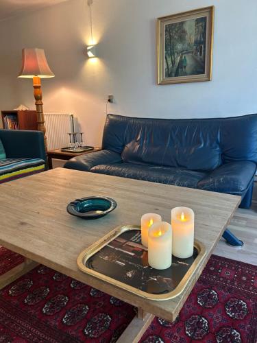 a living room with a coffee table with candles on it at GETGYR Hostel in Holbæk