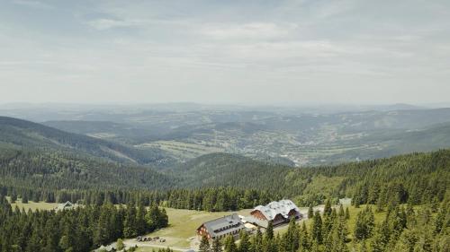 a house on top of a hill with trees at Horsky hotel Stumpovka in Rokytnice nad Jizerou