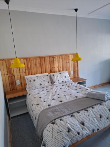 a bedroom with a bed with two lights above it at Fig Tree in Colesberg