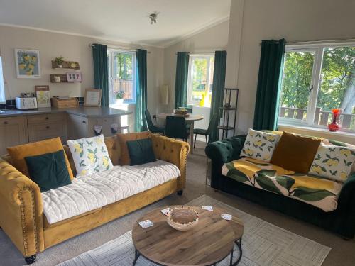 a living room with two couches and a coffee table at Dalis Den Lodge in Bridlington