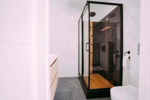 una ducha de cristal en un baño con inodoro en Apartament ,,Loft pod piórem", en Nowy Sącz
