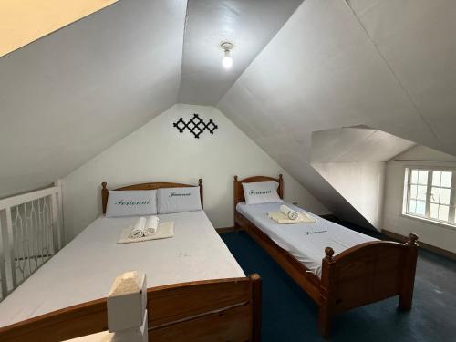 une chambre mansardée avec deux lits dans un grenier dans l'établissement Ferionni 2 Apartelle & Suites near BGH, SM and Burnham Park, à Baguio