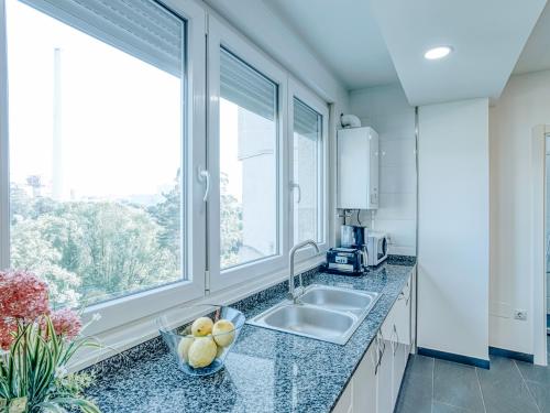 a kitchen with a sink and two windows at Aida's Apartments in Puentes de García Rodríguez