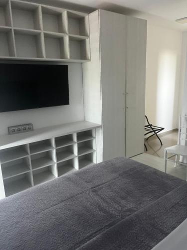 a bedroom with a flat screen tv and white shelves at The Lakehouse Snagov Near Therme in Vlădiceasca