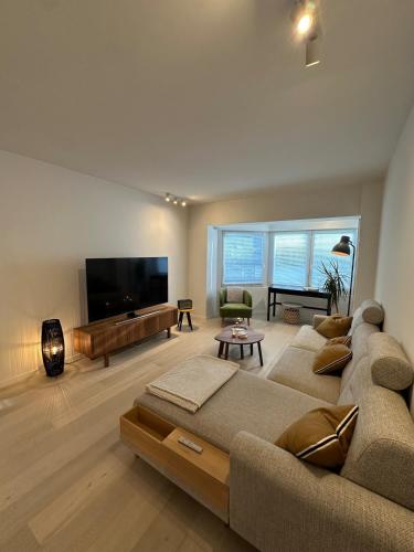 Una sala de estar con un sofá y un televisor de pantalla plana. en Bright and spacious duplex apartment by the sea - De Panne, en De Panne