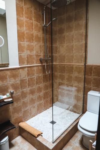 a bathroom with a glass shower with a toilet at Naquela Castroviejo in Castroviejo