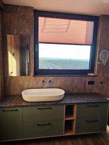 a bathroom with a sink and a large window at Okoń in Sztabin
